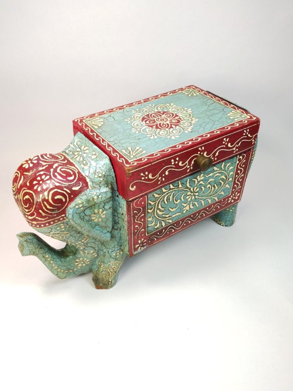 Hand Painted Wooden Elephant Jewelry Trinket Storage Box